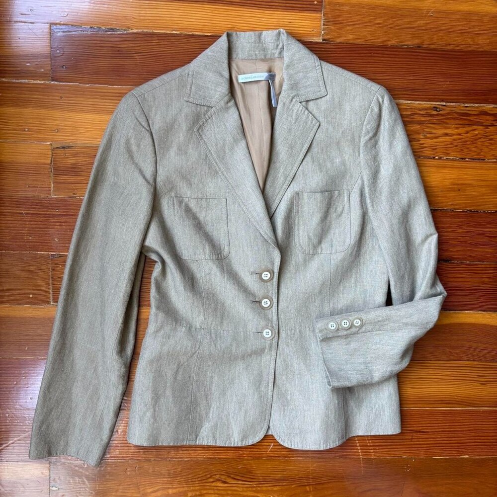 Vintage Linen Silk Blend Khaki Minimalist Blazer Classiques Entier SMALL